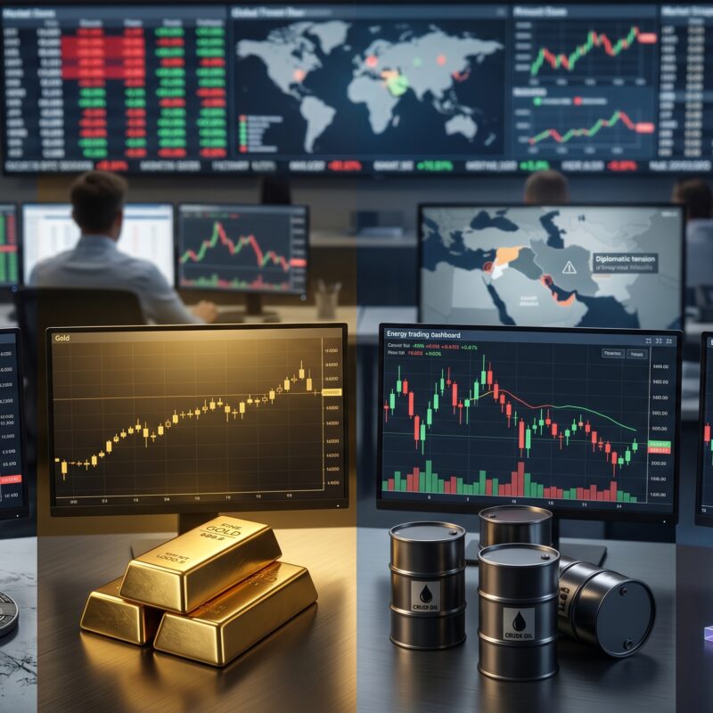 Bitcoin, gold, oil, and Ethereum shown in a financial market setting with trading charts, safe-haven gold strength, softer oil prices, and subtle Trump-Iran geopolitical tension.