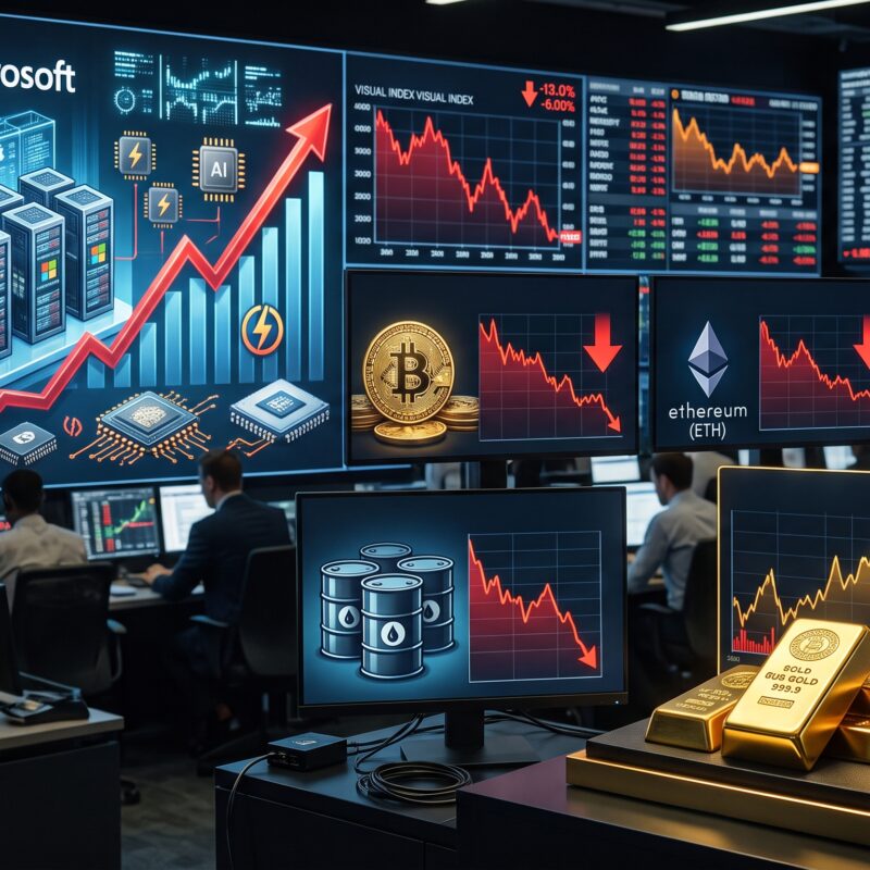 Financial market scene showing AI cost pressure on major tech companies, falling Bitcoin, Ethereum, and oil prices, and gold holding firm near the $4,000 level.