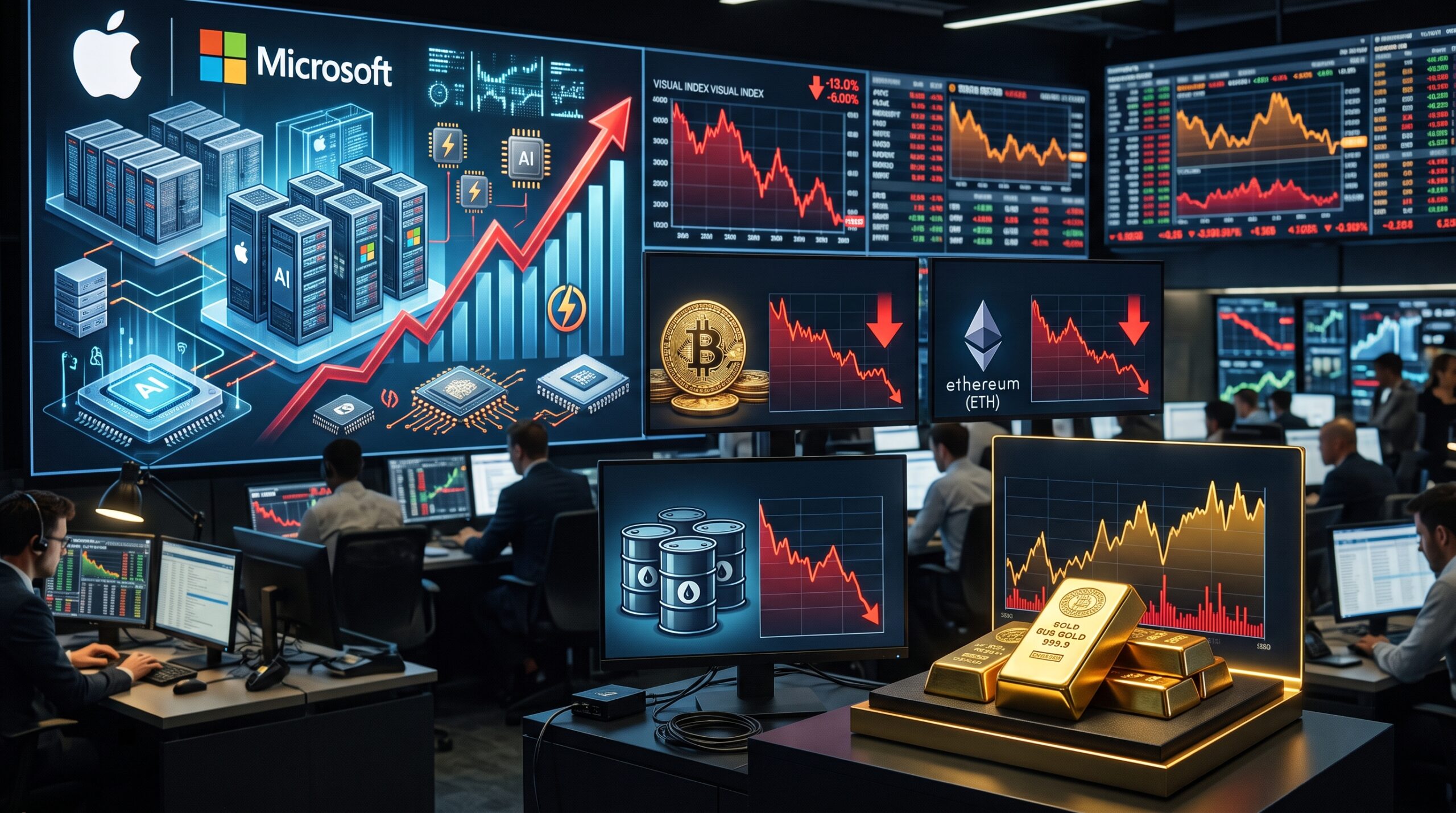Financial market scene showing AI cost pressure on major tech companies, falling Bitcoin, Ethereum, and oil prices, and gold holding firm near the $4,000 level.