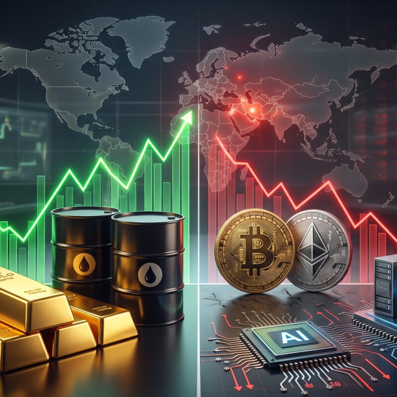 Gold and oil rising while Bitcoin, Ethereum, and AI stocks face pressure in a financial market scene with geopolitical tension and trading charts.