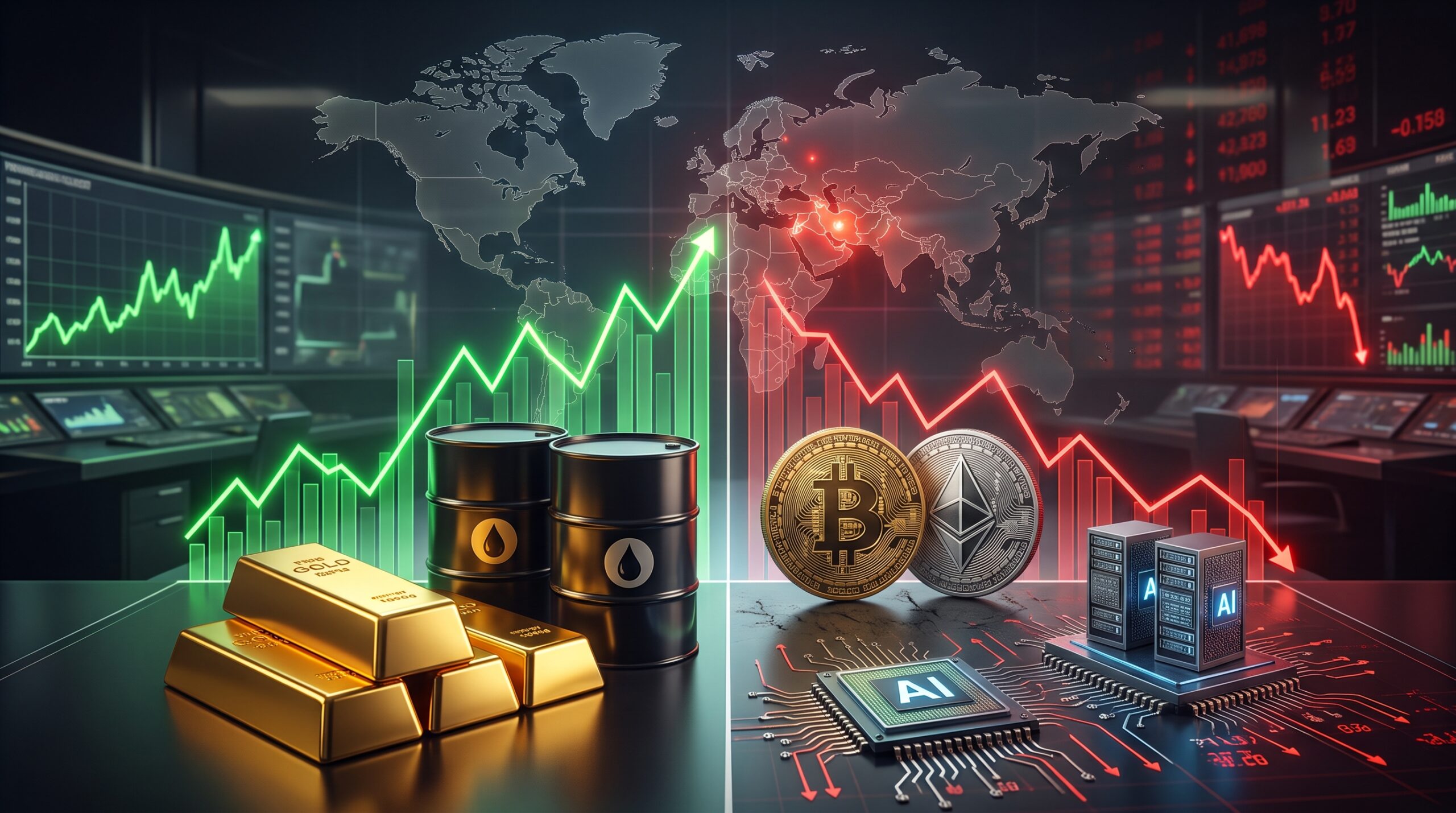 Gold and oil rising while Bitcoin, Ethereum, and AI stocks face pressure in a financial market scene with geopolitical tension and trading charts.