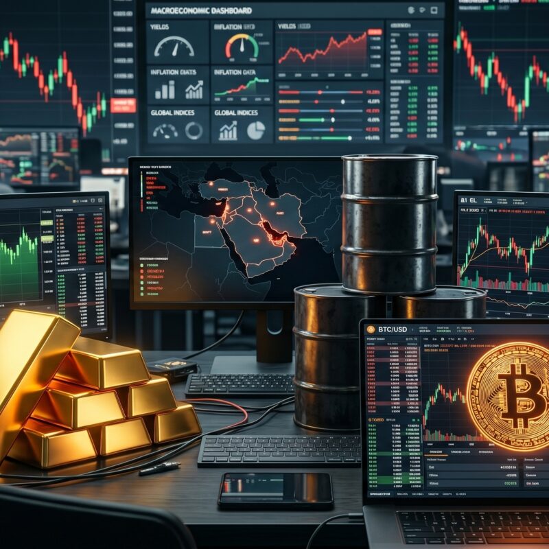 Gold, oil, and Bitcoin shown in a volatile financial market setting with inflation visuals, interest rate pressure, and Middle East geopolitical tension.