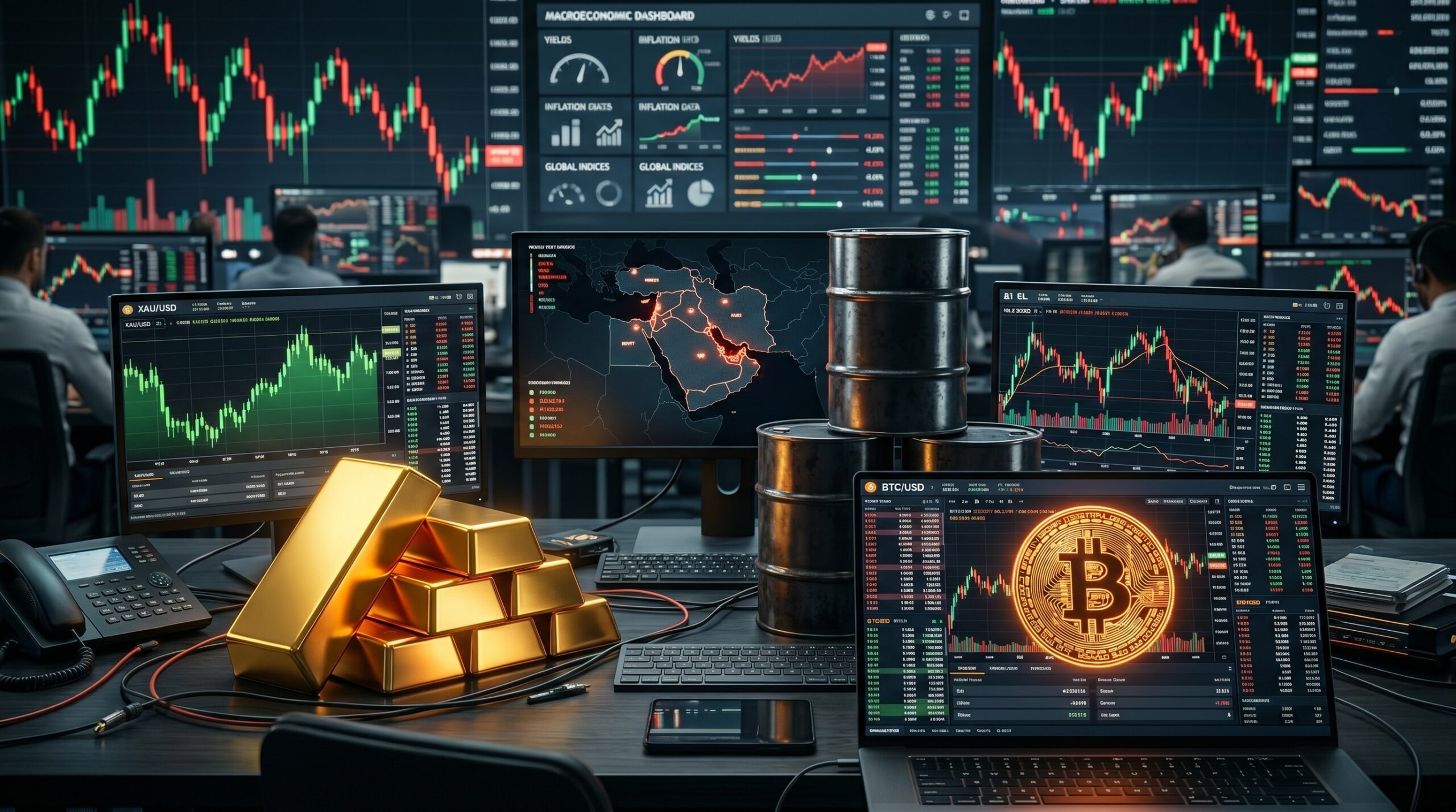 Gold, oil, and Bitcoin shown in a volatile financial market setting with inflation visuals, interest rate pressure, and Middle East geopolitical tension.
