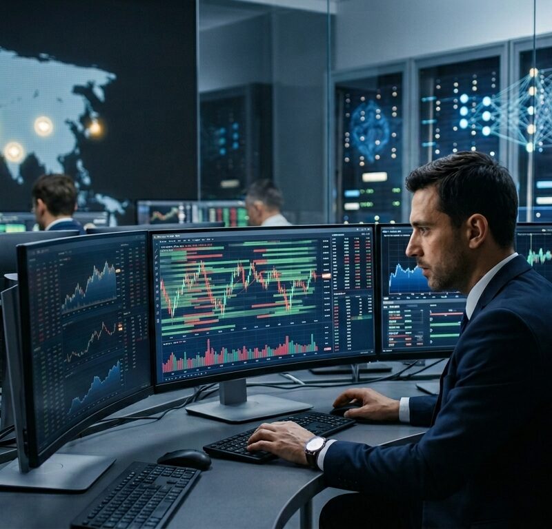 European and U.S. futures shown on digital trading screens with flat market movement, AI earnings visuals, and subtle Iran ceasefire symbolism.