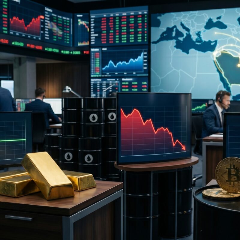 Gold, oil, and cryptocurrency shown in a global trading environment with market charts and subtle Middle East geopolitical visuals.