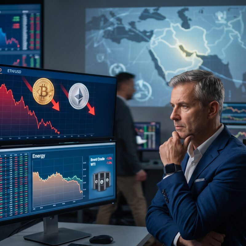Bitcoin, Ethereum, oil, and gold shown in a financial market setting with falling crypto charts, softer oil movement, resilient gold, and subtle Trump-Iran geopolitical tension