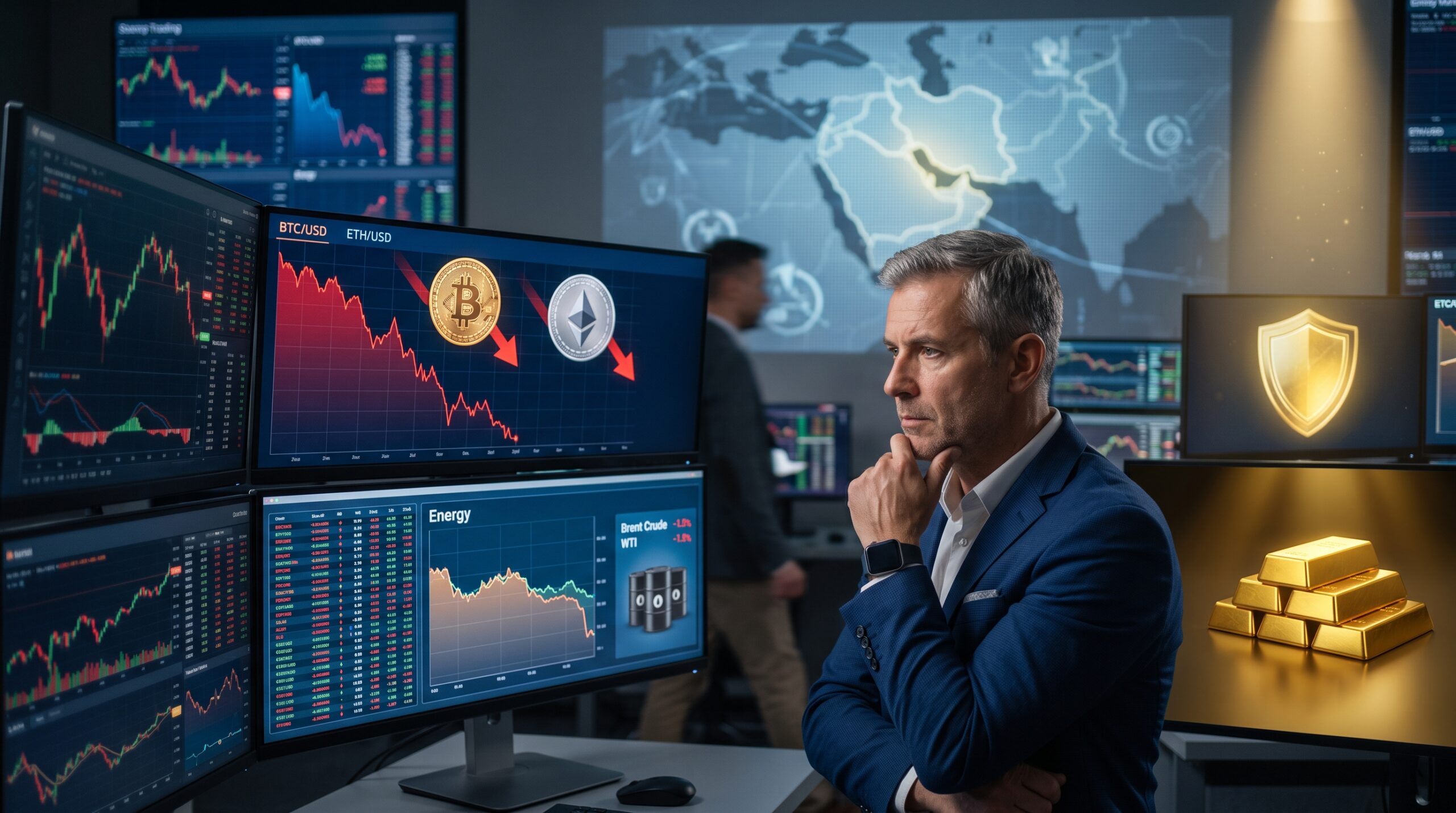 Bitcoin, Ethereum, oil, and gold shown in a financial market setting with falling crypto charts, softer oil movement, resilient gold, and subtle Trump-Iran geopolitical tension