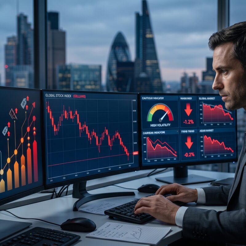 U.S. and European futures falling on trading screens ahead of key inflation data, with market volatility and bond yield visuals.