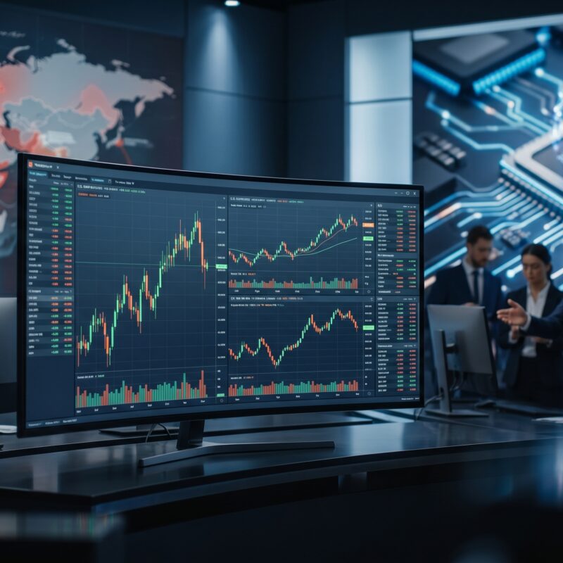European and U.S. futures shown on market screens with AI technology visuals and subtle geopolitical risk elements in a financial trading setting.