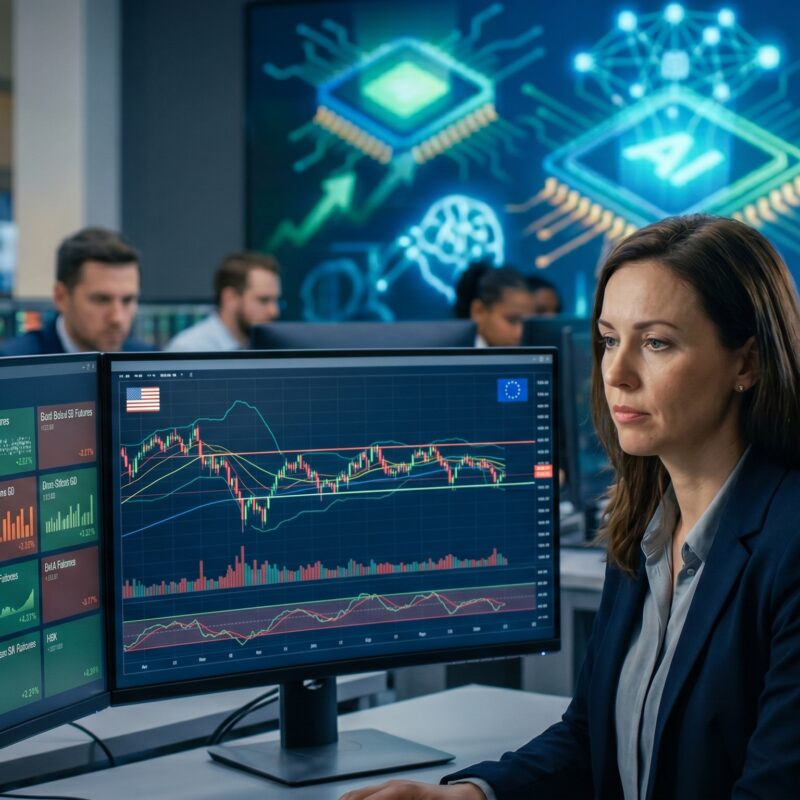 U.S. and European futures trading flat on market screens after a technology stock rally, with AI chip visuals and cautious investor sentiment.