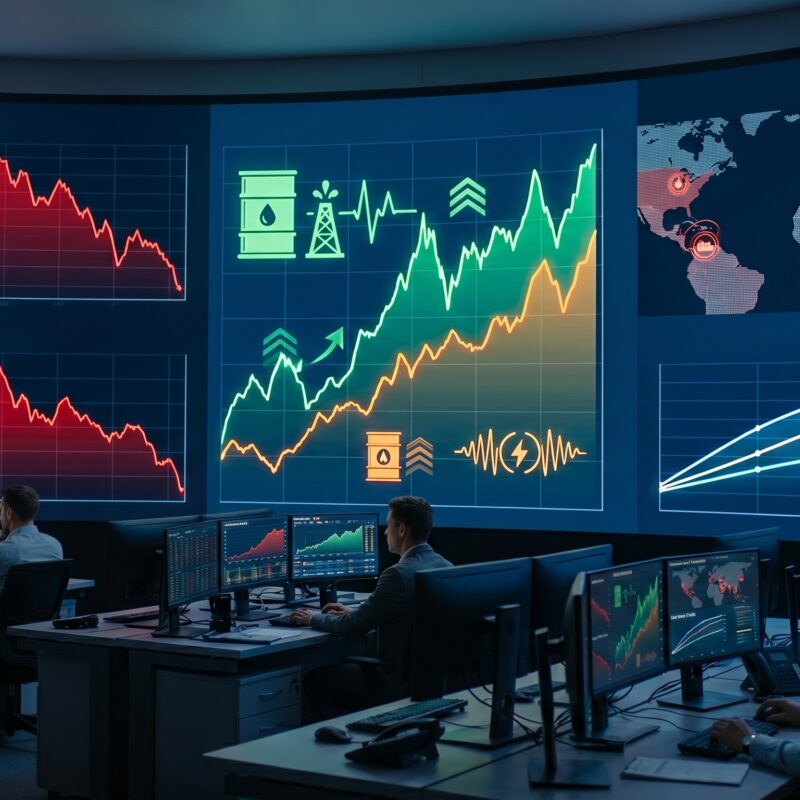 U.S. and European stock futures falling on trading screens with visuals of rising oil prices, Iran-related geopolitical tension, and higher bond yields.