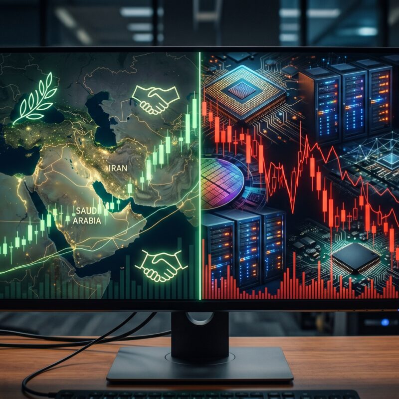 U.S. and European futures displayed on trading screens with Middle East ceasefire imagery and AI chip risk visuals in a financial market setting.