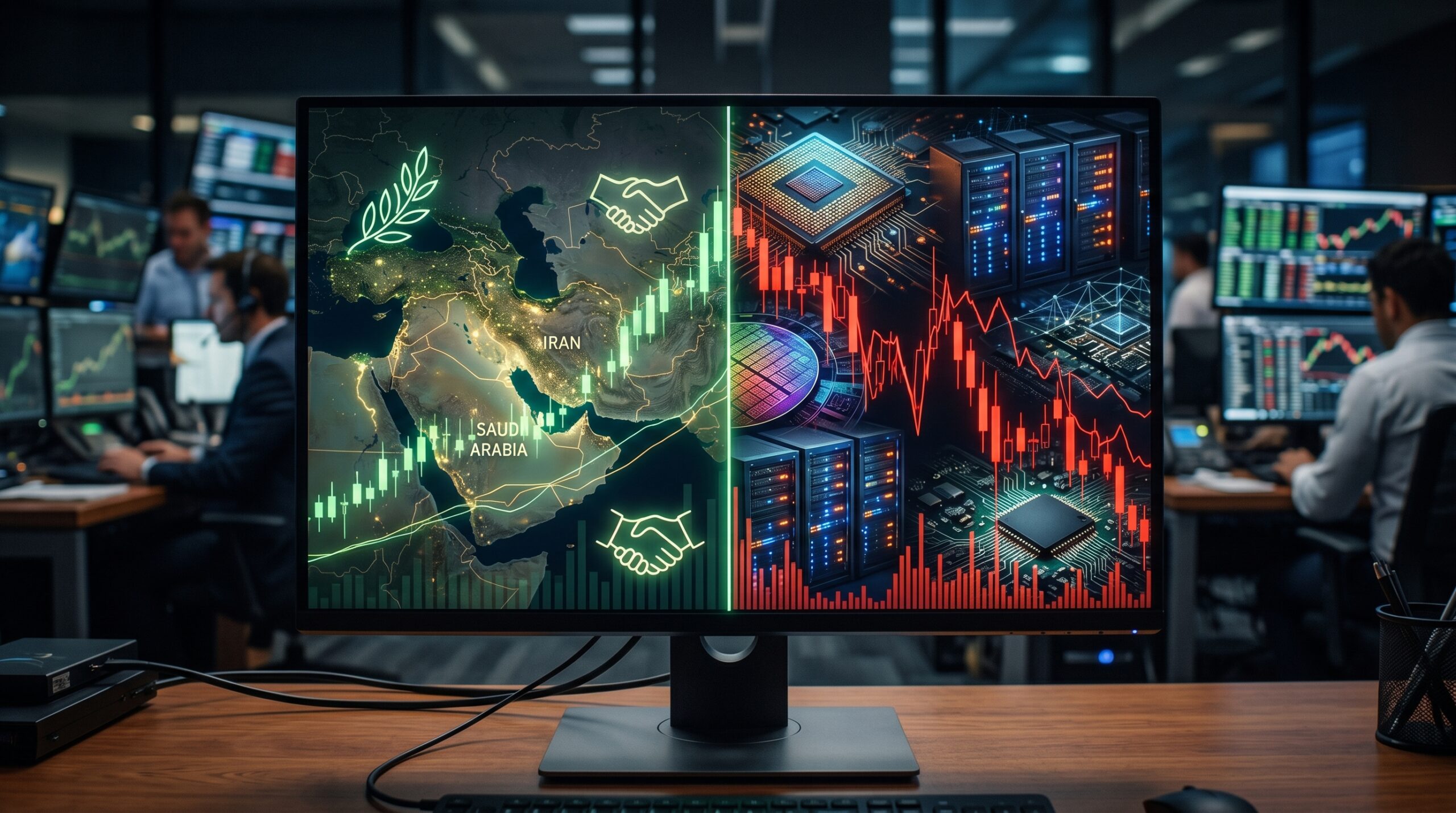 U.S. and European futures displayed on trading screens with Middle East ceasefire imagery and AI chip risk visuals in a financial market setting.