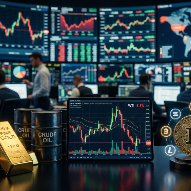 Gold, oil, and cryptocurrency market visuals shown with trading charts, inflation signals, and subtle geopolitical elements in a financial news-style setting.