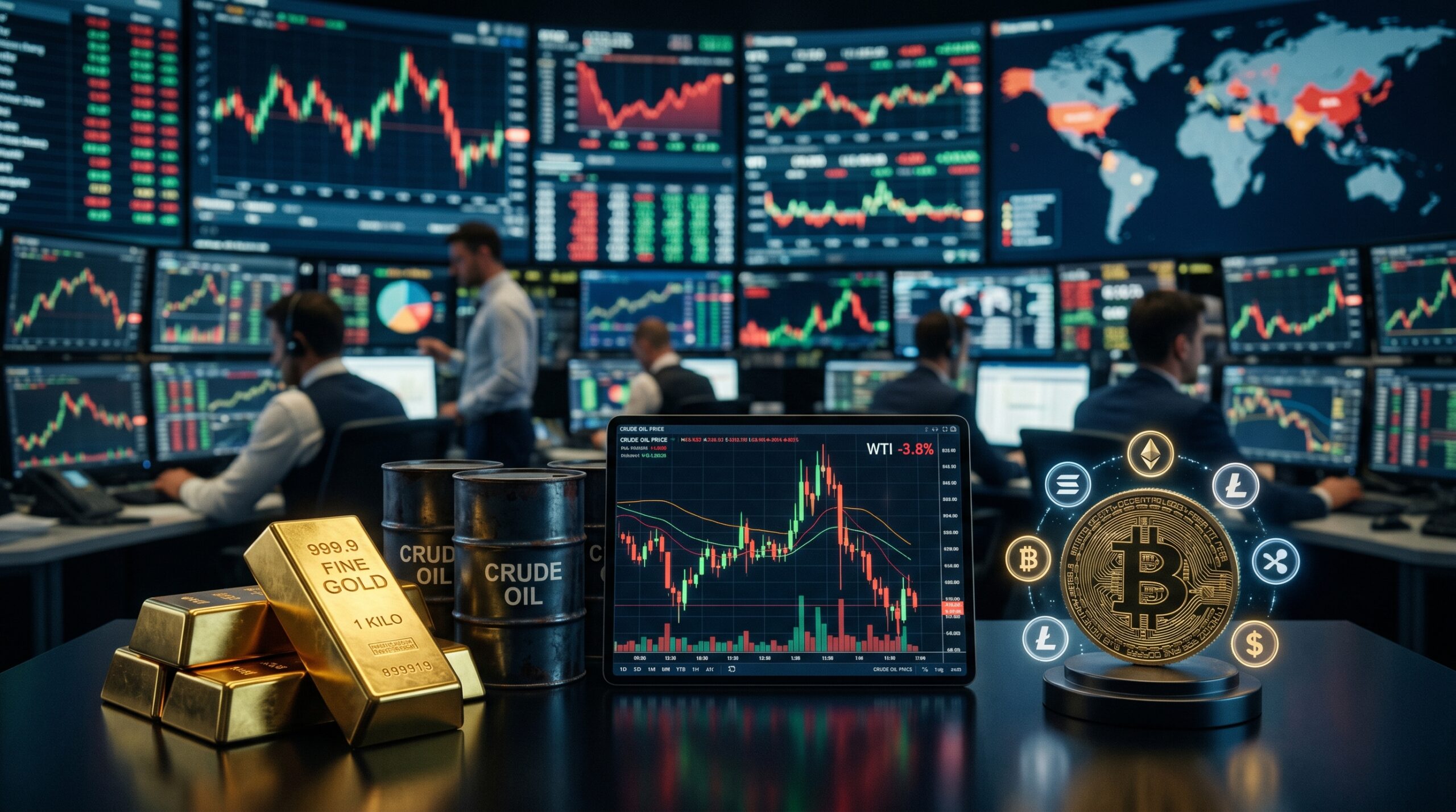 Gold, oil, and cryptocurrency market visuals shown with trading charts, inflation signals, and subtle geopolitical elements in a financial news-style setting.