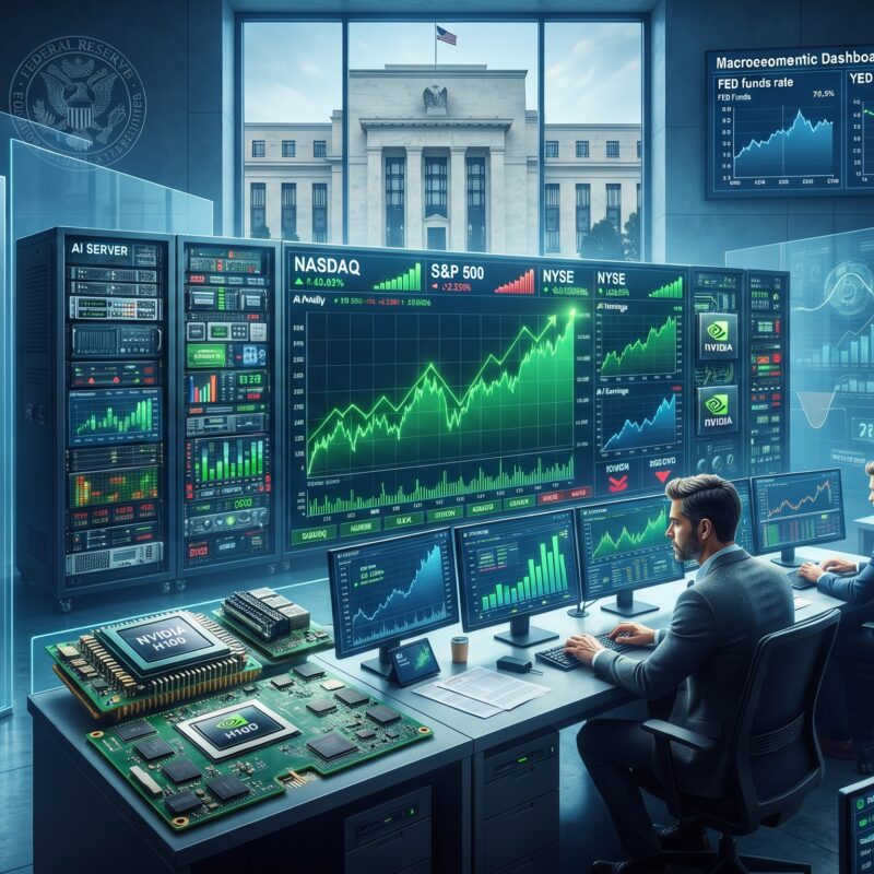 AI stock earnings rally shown with gold, oil, Bitcoin, Ethereum, and Federal Reserve market signals in a global financial trading environment.