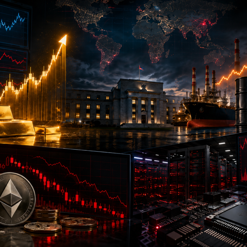 Gold, oil, Bitcoin, Ethereum, and AI stock visuals shown in a volatile financial market setting with rising oil prices, strong gold demand, and falling crypto and tech markets.