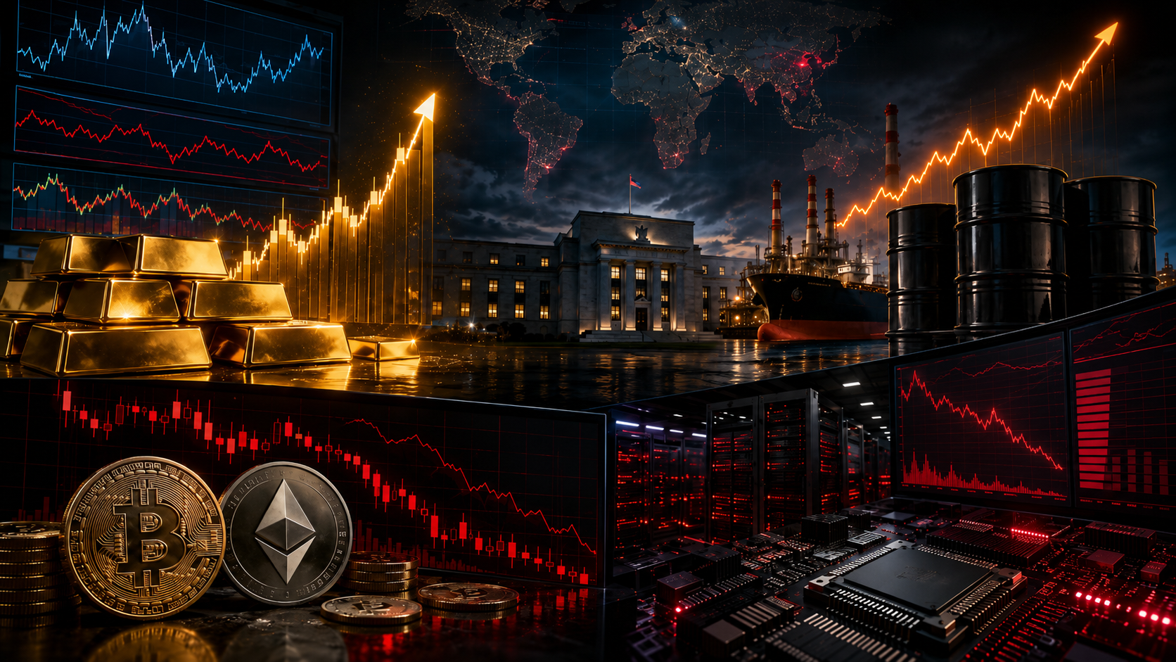 Gold, oil, Bitcoin, Ethereum, and AI stock visuals shown in a volatile financial market setting with rising oil prices, strong gold demand, and falling crypto and tech markets.