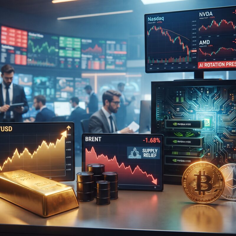 Gold, oil, Bitcoin, and Ethereum shown in a financial market setting with AI chip visuals, weaker crypto signals, softer oil prices, and resilient gold strength.