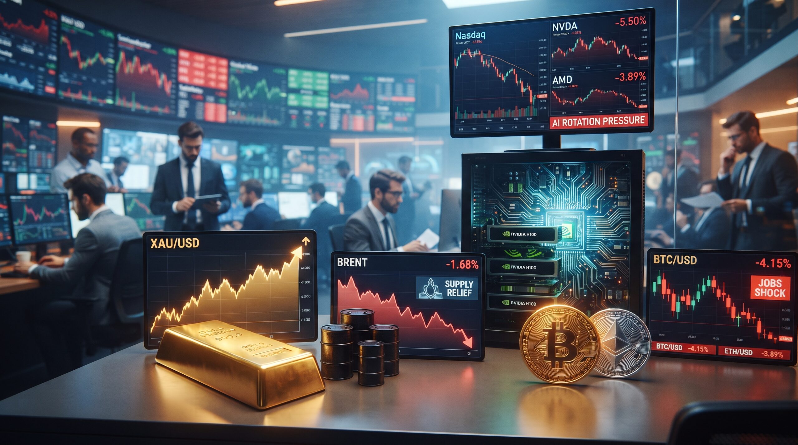 Gold, oil, Bitcoin, and Ethereum shown in a financial market setting with AI chip visuals, weaker crypto signals, softer oil prices, and resilient gold strength.