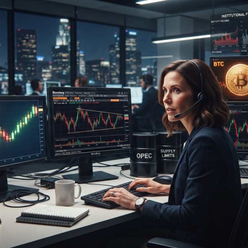 Gold, oil, Bitcoin, and Ethereum shown in a financial market setting with stable gold, range-bound oil, and pressured crypto amid ETF flow and whale activity.