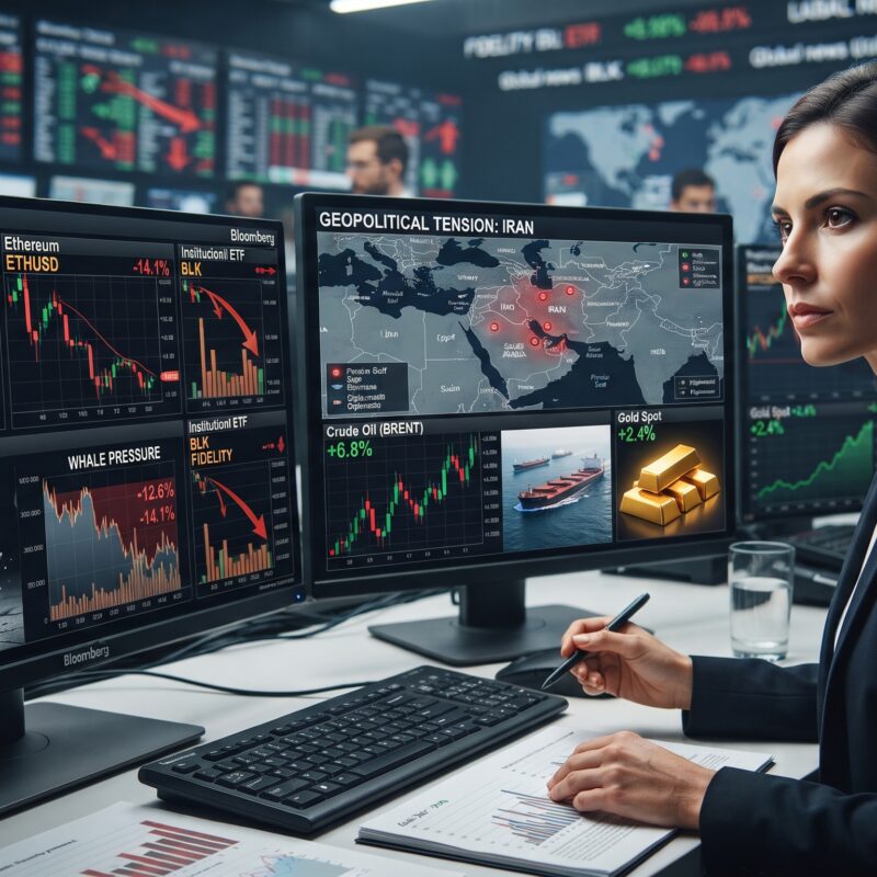 Gold, oil, Bitcoin, and Ethereum shown in a global trading environment with geopolitical tension, ETF-related pressure, and volatile market signals.