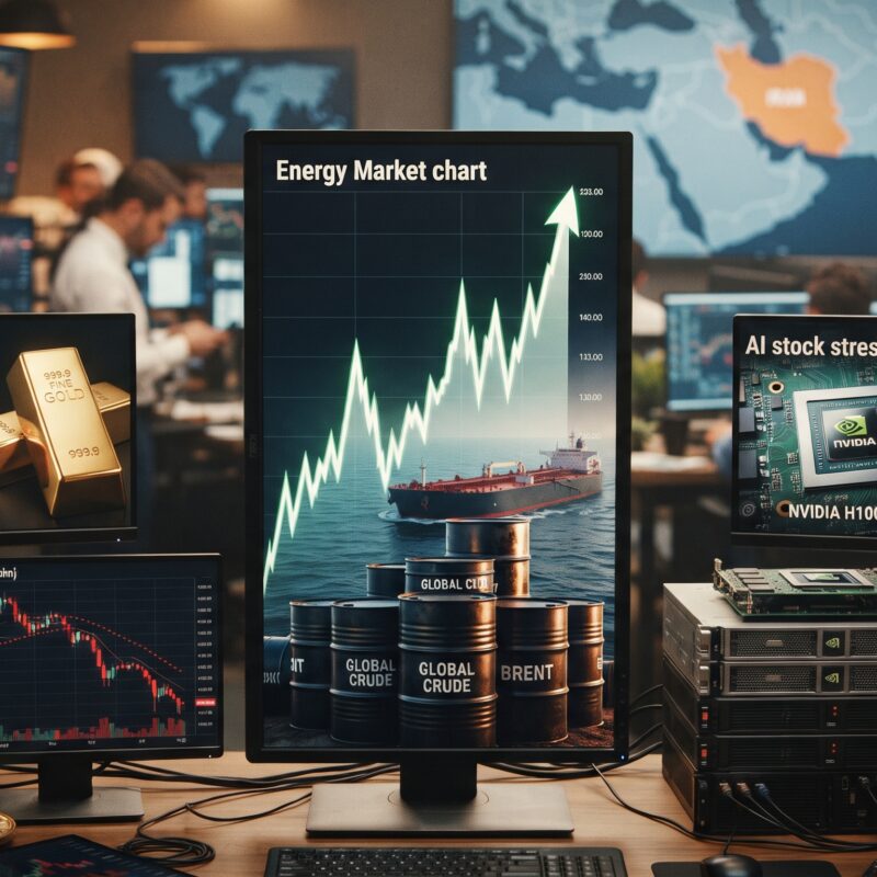 Oil, gold, Bitcoin, Ethereum, and AI stock visuals shown in a volatile financial market setting with rising oil prices, weaker gold, and geopolitical tension centered on Iran.