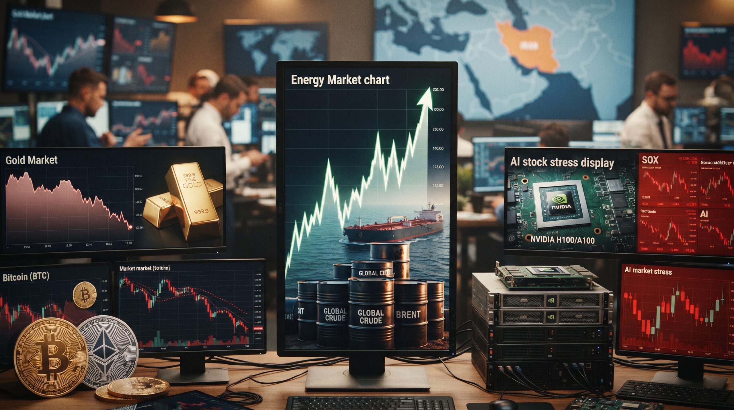 Oil, gold, Bitcoin, Ethereum, and AI stock visuals shown in a volatile financial market setting with rising oil prices, weaker gold, and geopolitical tension centered on Iran.