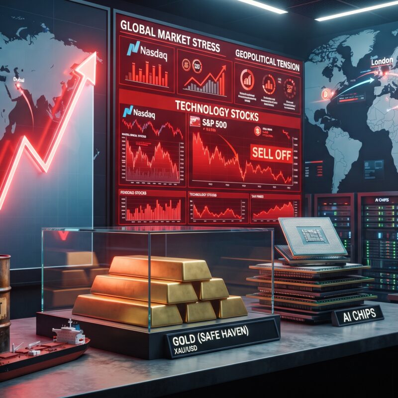 Oil, gold, Bitcoin, Ethereum, and tech stock visuals shown in a financial market scene with geopolitical tension, rising oil prices, and volatile trading screens.