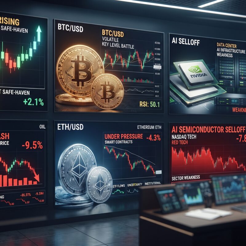 Gold, oil, Bitcoin, and Ethereum shown in a financial market setting with rising gold, falling oil, crypto tension, AI stock weakness, and subtle Middle East geopolitical context.