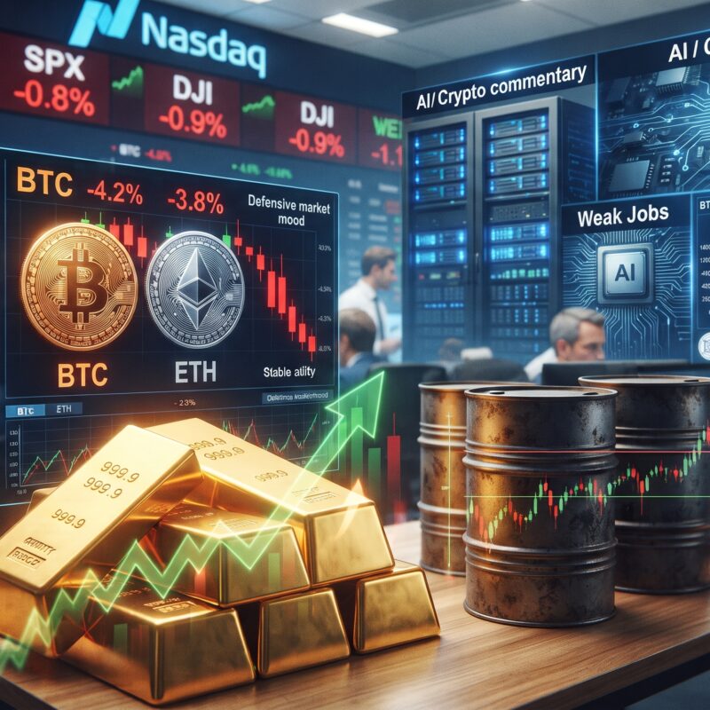 Gold, oil, Bitcoin, and Ethereum shown in a financial market setting with weak jobs data signals, AI stock pressure, and Nasdaq volatility.