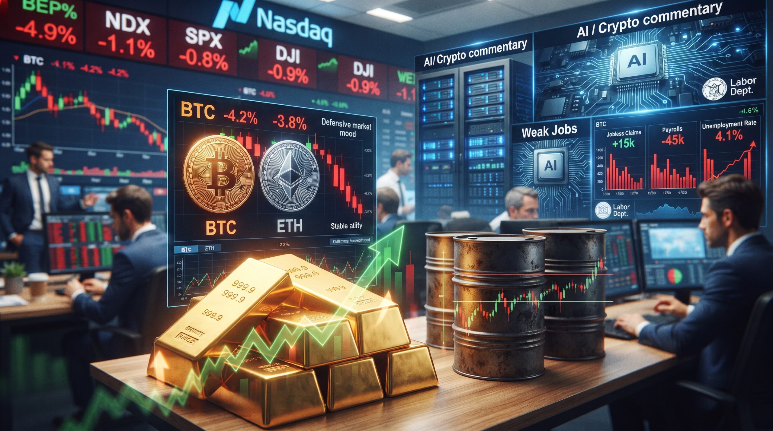 Gold, oil, Bitcoin, and Ethereum shown in a financial market setting with weak jobs data signals, AI stock pressure, and Nasdaq volatility.