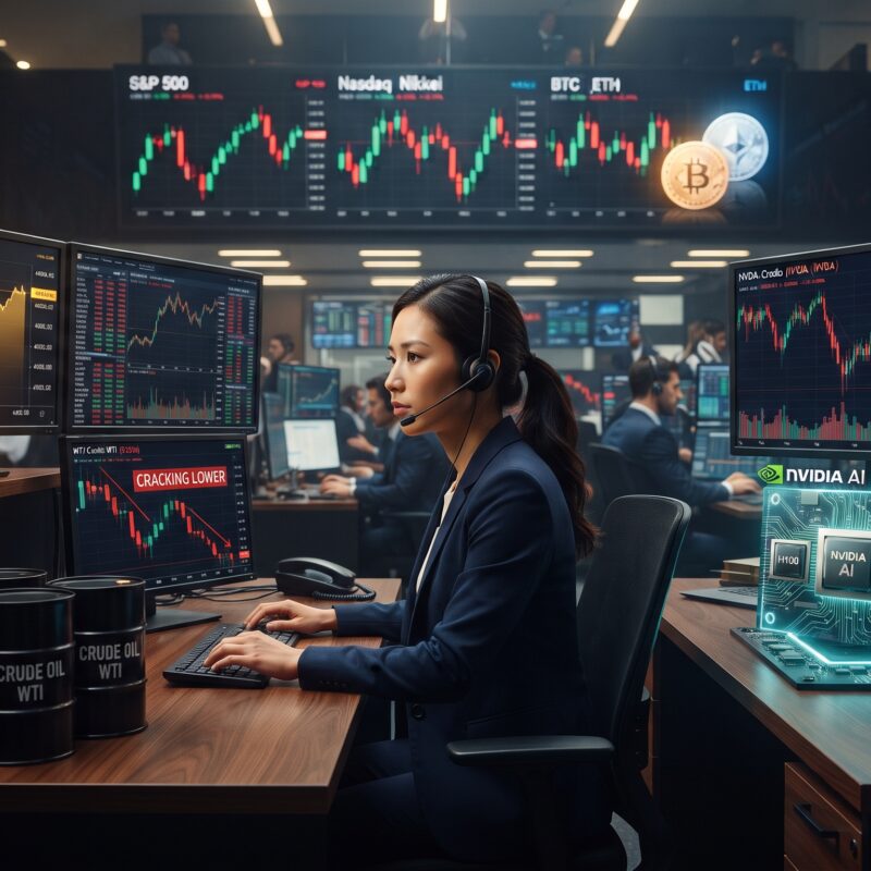 Gold, oil, Bitcoin, Ethereum, and AI chip visuals shown in a financial market setting with gold holding firm, oil falling, crypto stalling, and Nvidia-related AI market pressure.