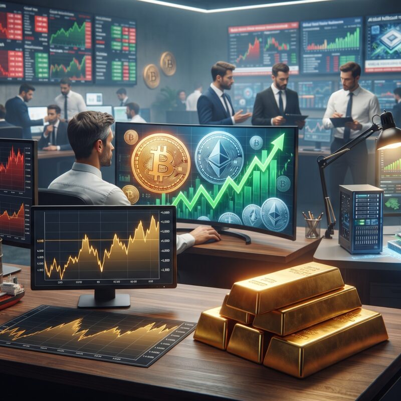 Gold, oil, Bitcoin, Ethereum, and Nvidia AI chip visuals shown in a global financial market setting with trading charts and market rotation signals.