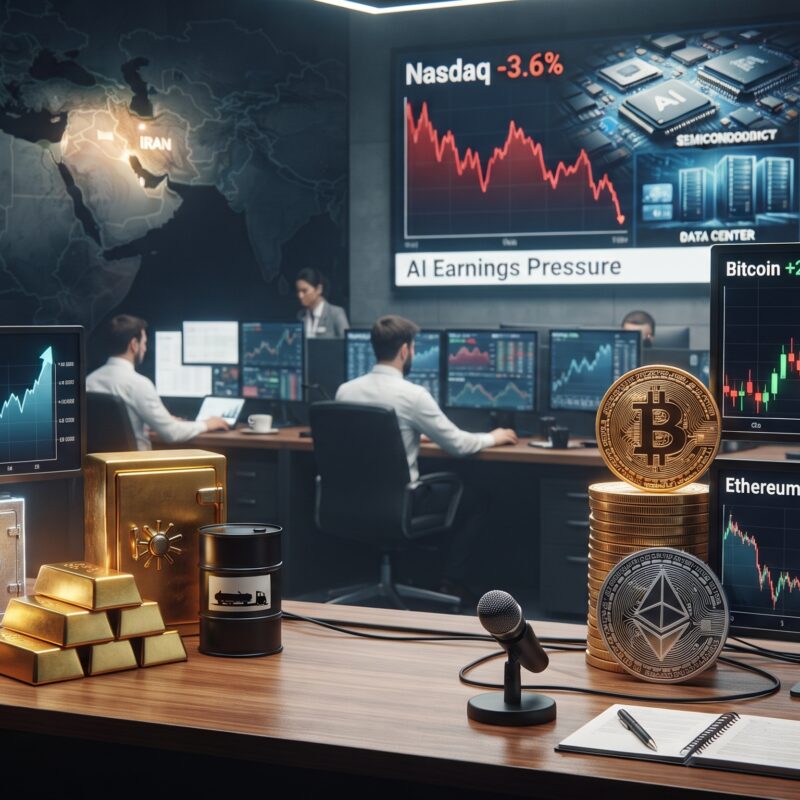 Gold, oil, Bitcoin, and Ethereum shown in a financial market setting with rising commodity prices, Bitcoin strength, weaker Ethereum momentum, AI earnings pressure, and geopolitical risk.