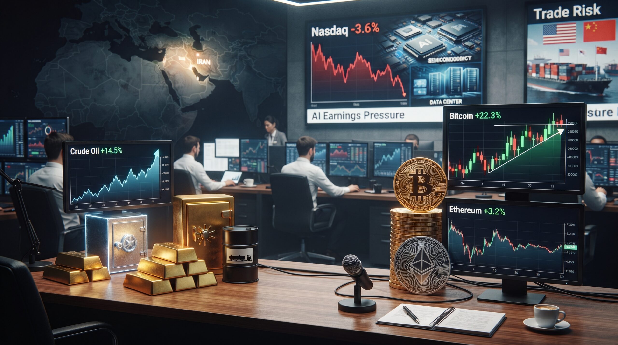 Gold, oil, Bitcoin, and Ethereum shown in a financial market setting with rising commodity prices, Bitcoin strength, weaker Ethereum momentum, AI earnings pressure, and geopolitical risk.
