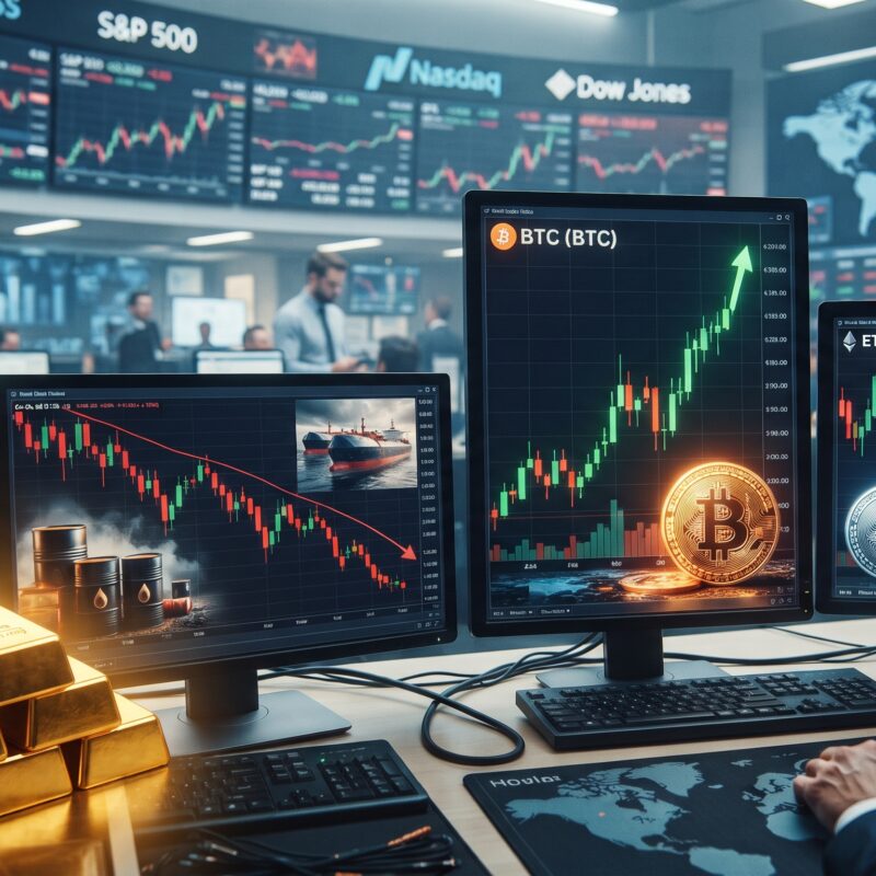Gold, oil, Bitcoin, and Ethereum shown in a financial market setting with resilient gold, weaker oil, rebounding Bitcoin, and pressured Ethereum.