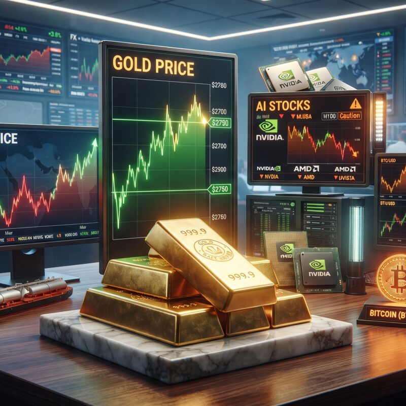 Gold, oil, Bitcoin, Ethereum, and AI stock visuals shown in a financial market setting with geopolitical tension, tariff risk, and mixed cross-asset market momentum.
