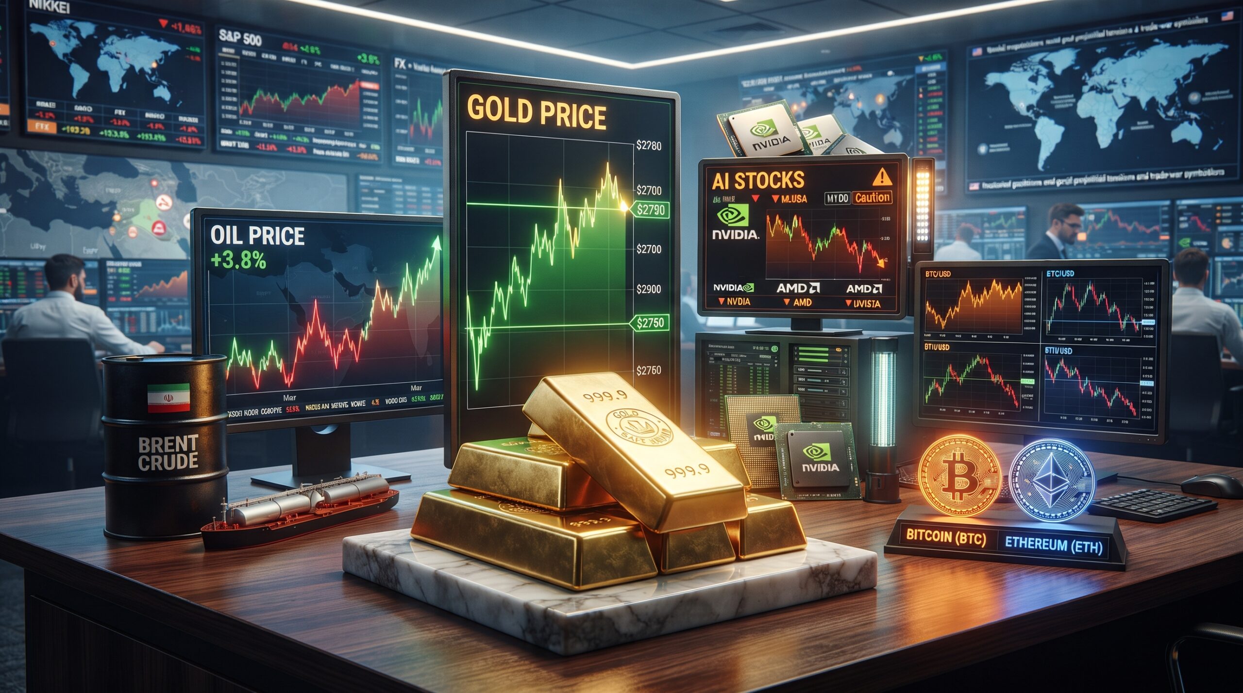 Gold, oil, Bitcoin, Ethereum, and AI stock visuals shown in a financial market setting with geopolitical tension, tariff risk, and mixed cross-asset market momentum.