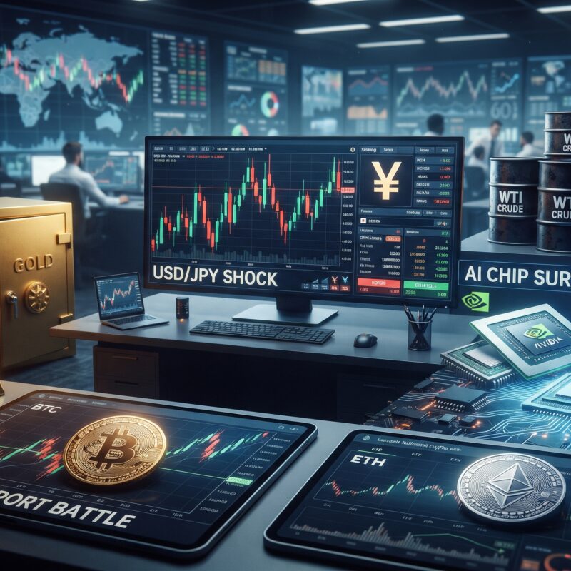 Financial market scene showing yen volatility, oil risk, AI chip momentum, defensive gold, and pressure on Bitcoin and Ethereum in a global trading environment.
