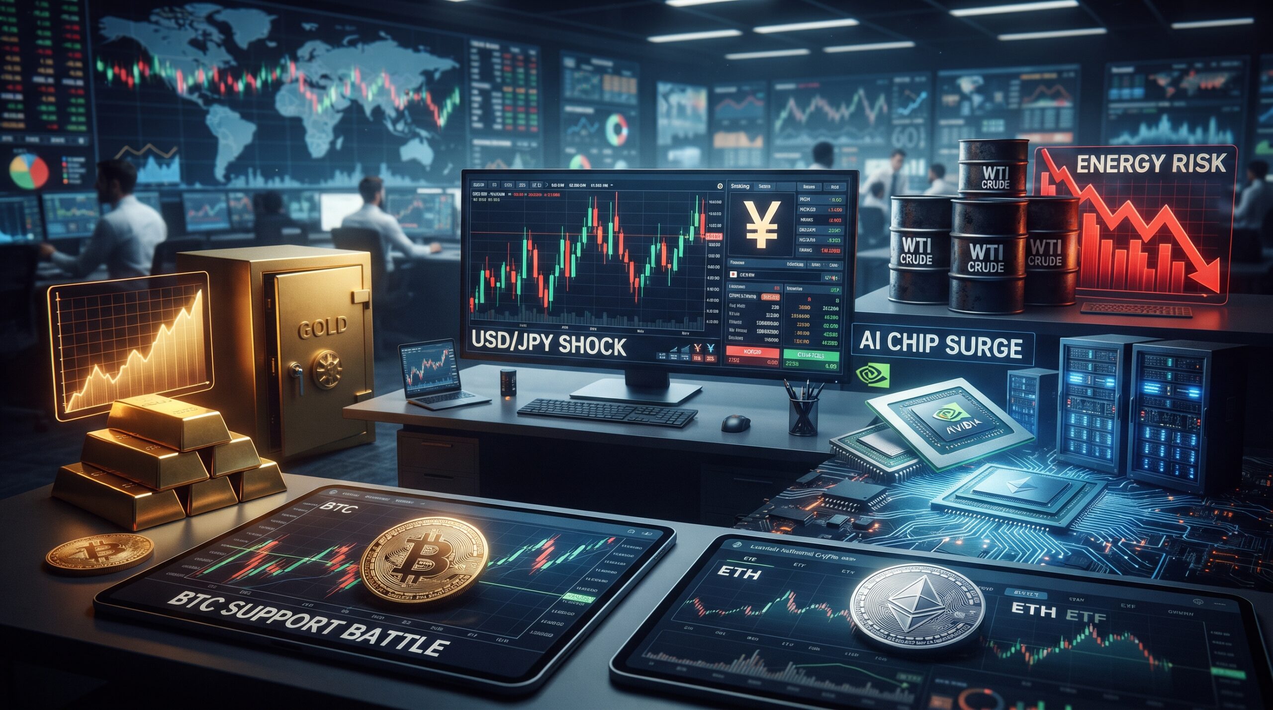 Financial market scene showing yen volatility, oil risk, AI chip momentum, defensive gold, and pressure on Bitcoin and Ethereum in a global trading environment.
