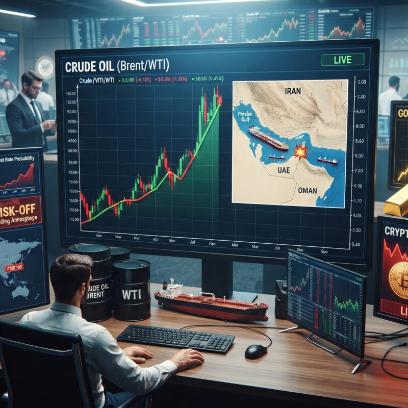 Oil, gold, Bitcoin, and Ethereum shown in a financial market setting with Strait of Hormuz shipping risk, rising oil prices, and Fed-driven liquidity pressure.