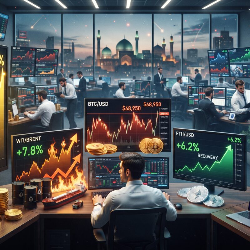 Gold, oil, Bitcoin, Ethereum, and Apple-related tech market visuals shown in a financial market setting with geopolitical tension and mixed trading momentum.