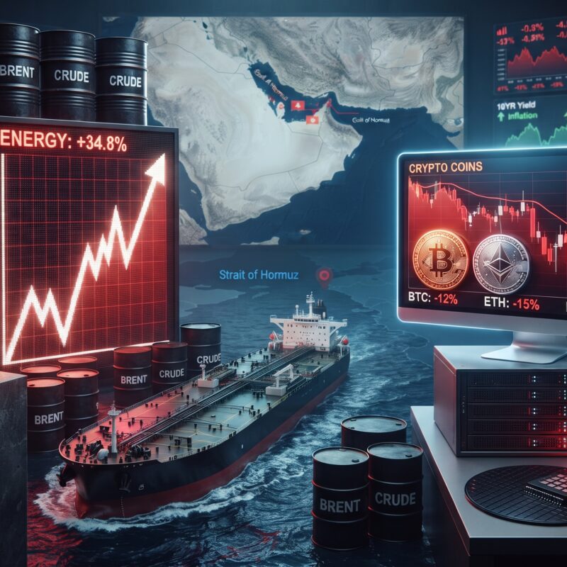 Oil, gold, Bitcoin, Ethereum, and AI stock visuals shown in a financial market scene with Strait of Hormuz tension, rising oil prices, and inflation-driven market pressure.