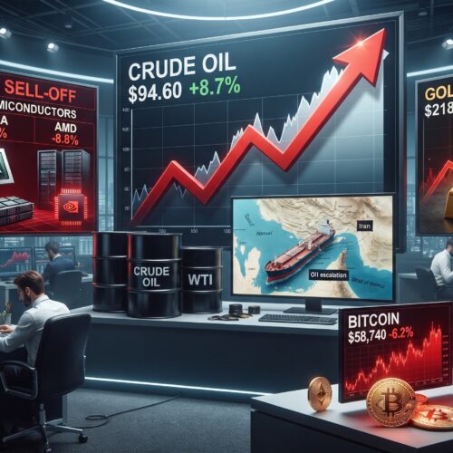 Oil, gold, Bitcoin, Ethereum, and AI market visuals shown in a volatile financial market setting with rising oil prices, resilient gold, falling crypto, and geopolitical tension.