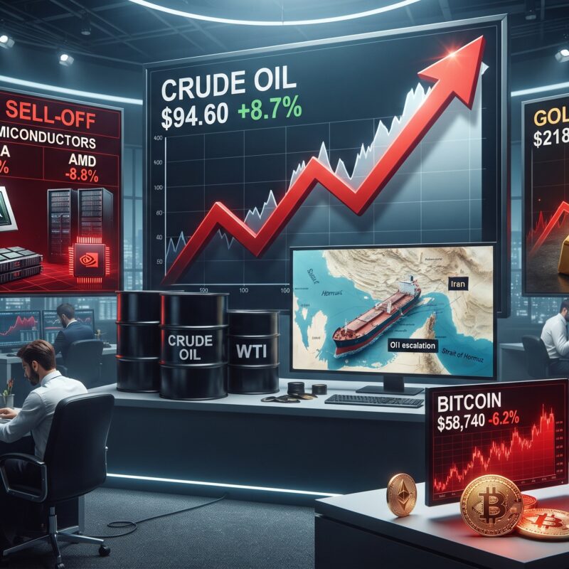 Oil, gold, Bitcoin, Ethereum, and AI market visuals shown in a volatile financial market setting with rising oil prices, resilient gold, falling crypto, and geopolitical tension.