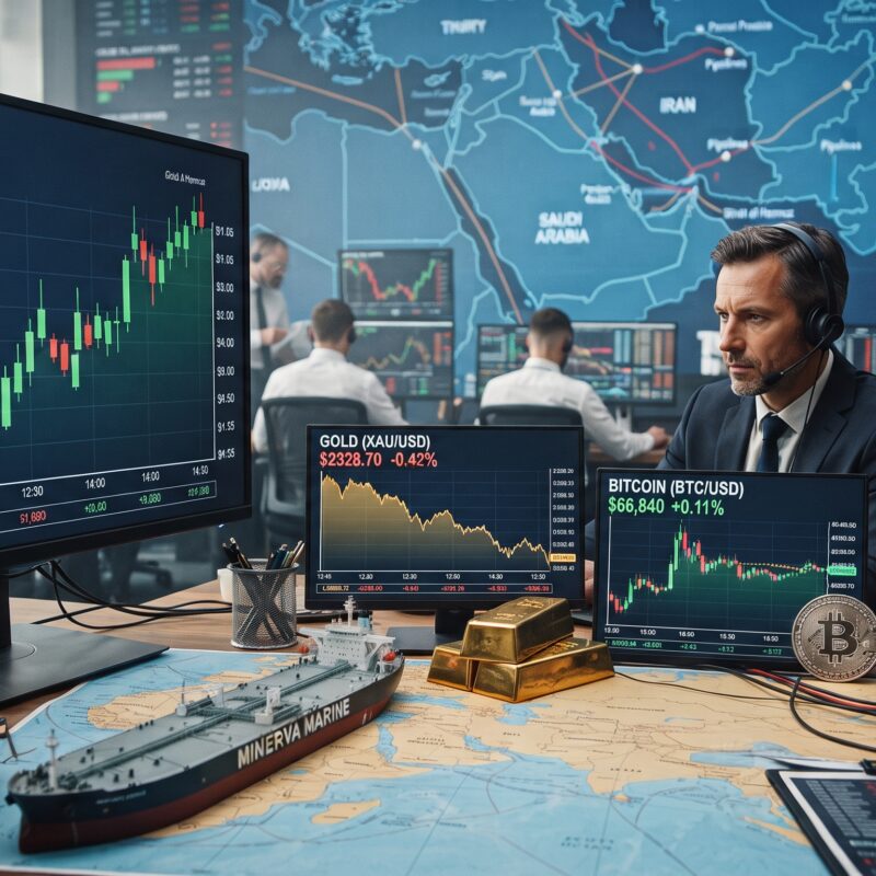 Oil, gold, Bitcoin, and Ethereum shown in a financial market setting with rising oil prices, weaker gold, stalled Bitcoin, falling Ethereum, and Iran-related geopolitical tension.