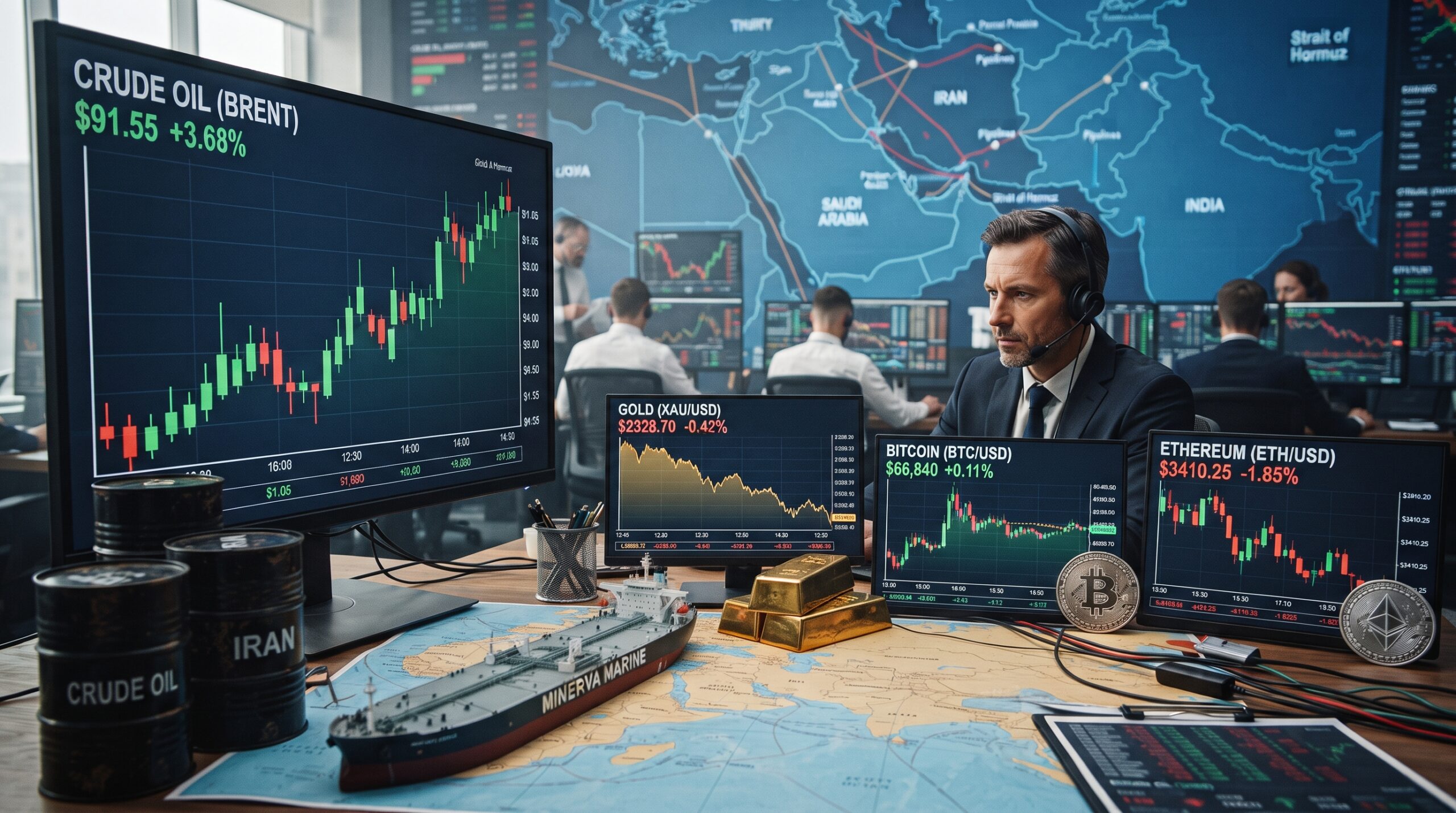Oil, gold, Bitcoin, and Ethereum shown in a financial market setting with rising oil prices, weaker gold, stalled Bitcoin, falling Ethereum, and Iran-related geopolitical tension.