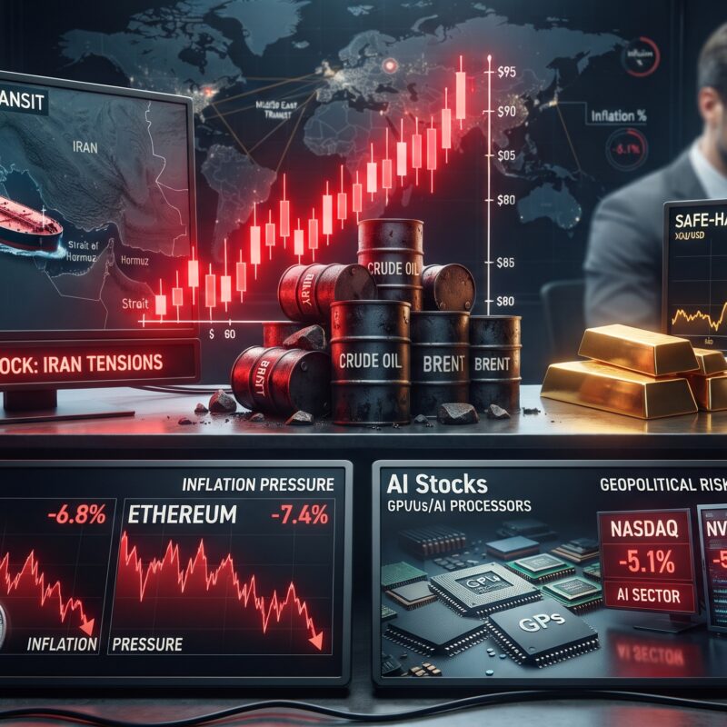 Oil, gold, Bitcoin, Ethereum, and AI stock visuals shown in a financial market scene with geopolitical tension, inflation pressure, and volatile trading charts.