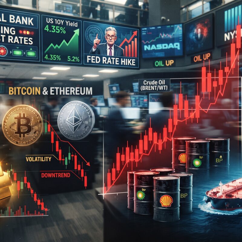 Oil, gold, Bitcoin, and Ethereum shown in a financial market setting with rising oil prices, rate pressure, and volatile trading screens.